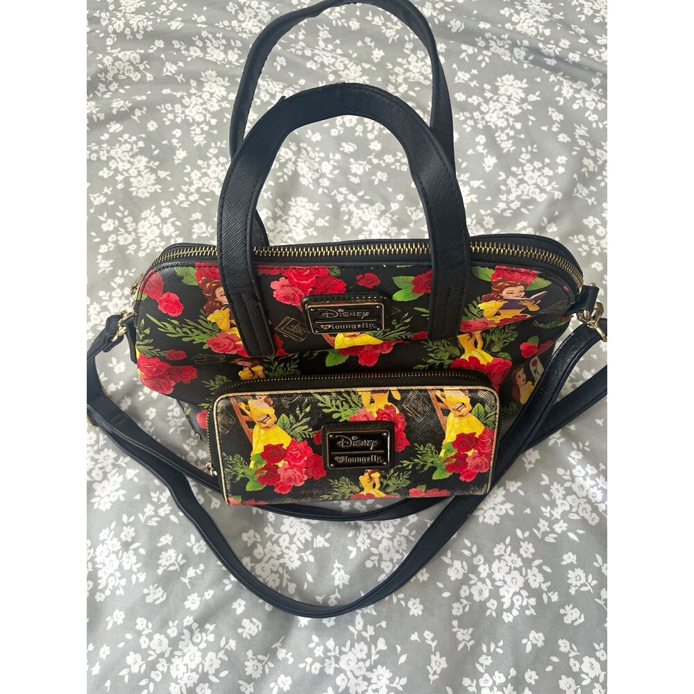 Disney Loungefly Beauty and the Beast Floral Satchel Bag & Zip Wallet Set